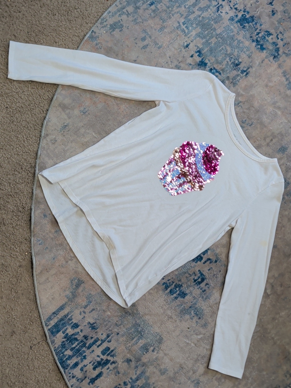 Place White Long-Sleeve Tee with Pink Sequin Cupcake Girls Large (10-12)